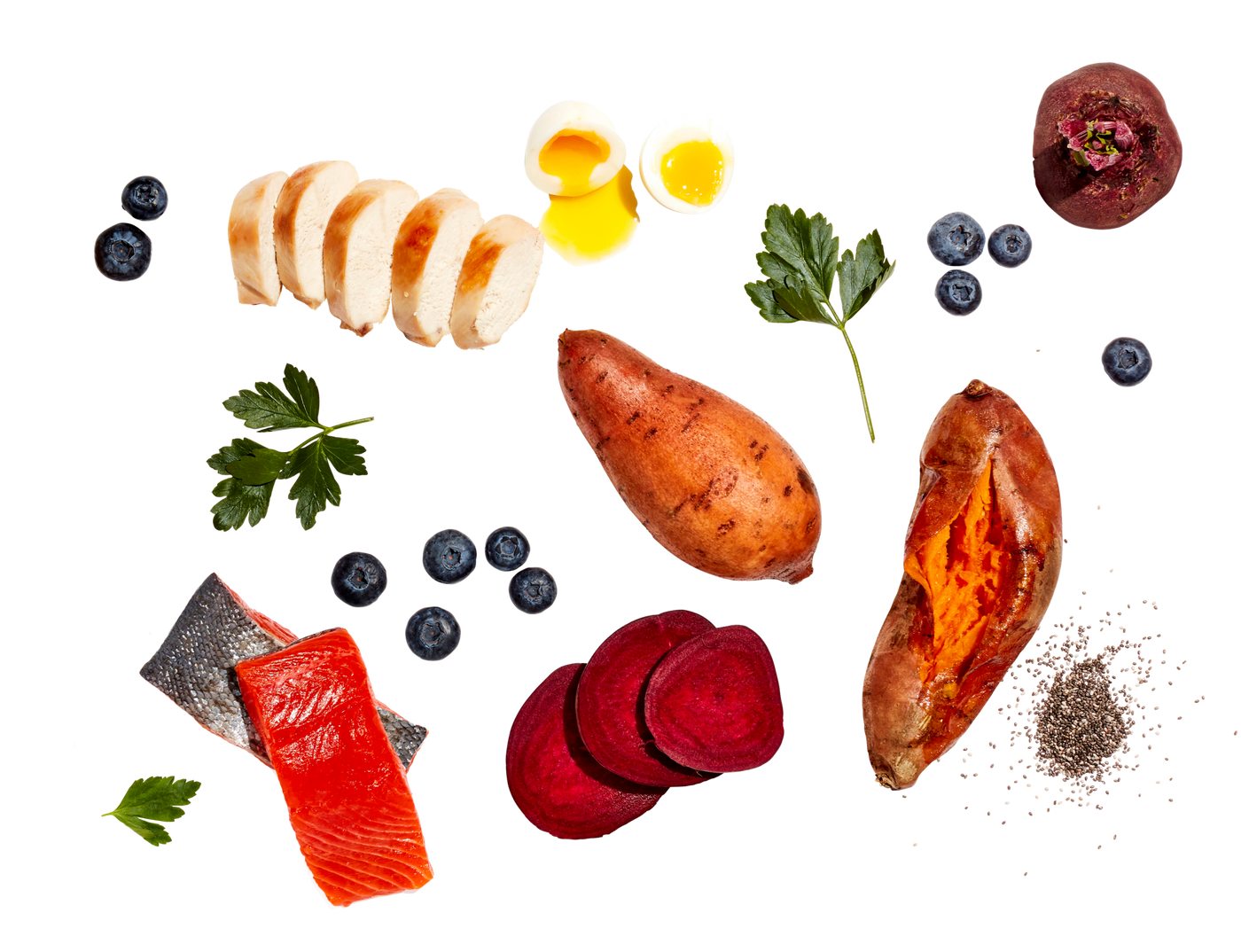 Chicken, eggs, blueberries, sweet potato, grains, beetroot, salmon and greenery