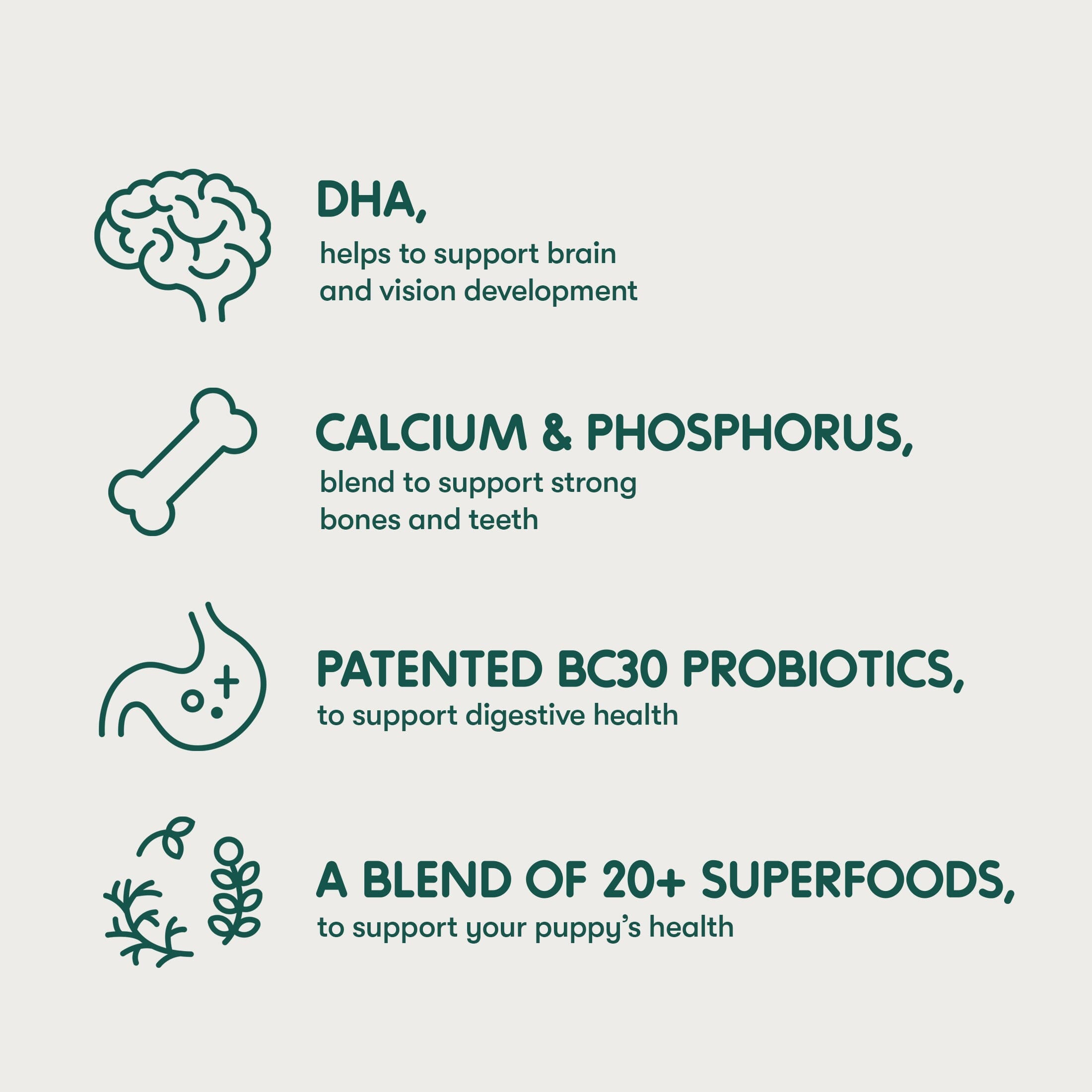 Puppy Kibble. Chicken, Brown Rice, & Sweet Potato. DHA helps support brain and vision development. Calcium & Phosphorus blend to support strong bones and teeth. Patented BC30 probiotics to support digestive health. A blend of 20+ superfoods to support your puppy's health