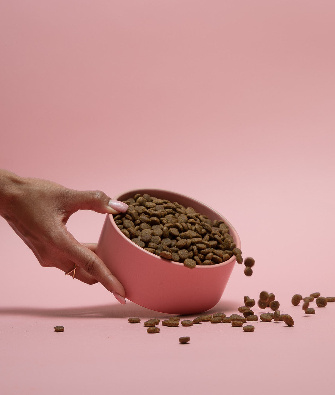 Hand holding a pink dog bowl full of kibble and scattering some of it around