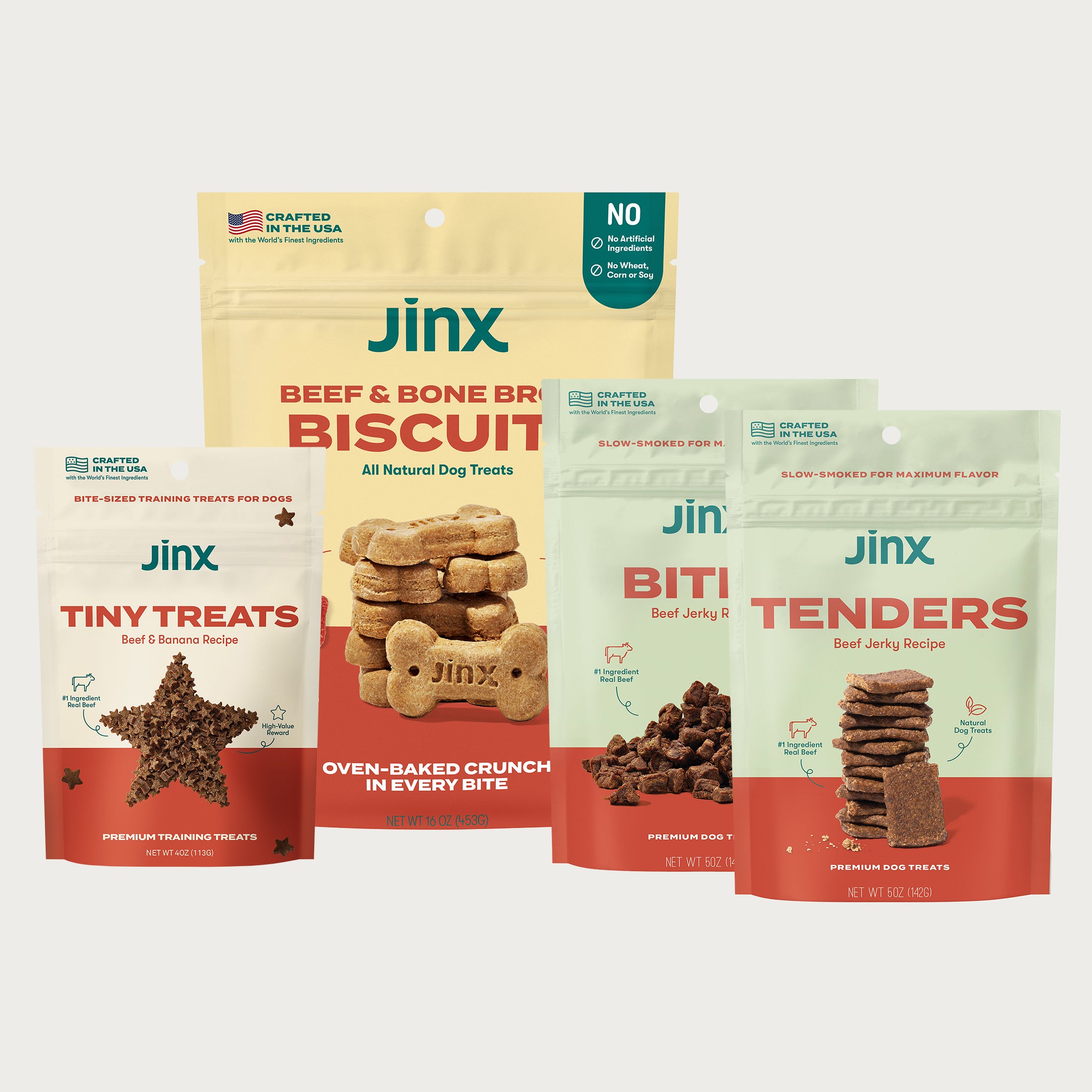 packaging image of jinx beef biscuits, beef tiny treats, beef jerky bites, and beef tenders