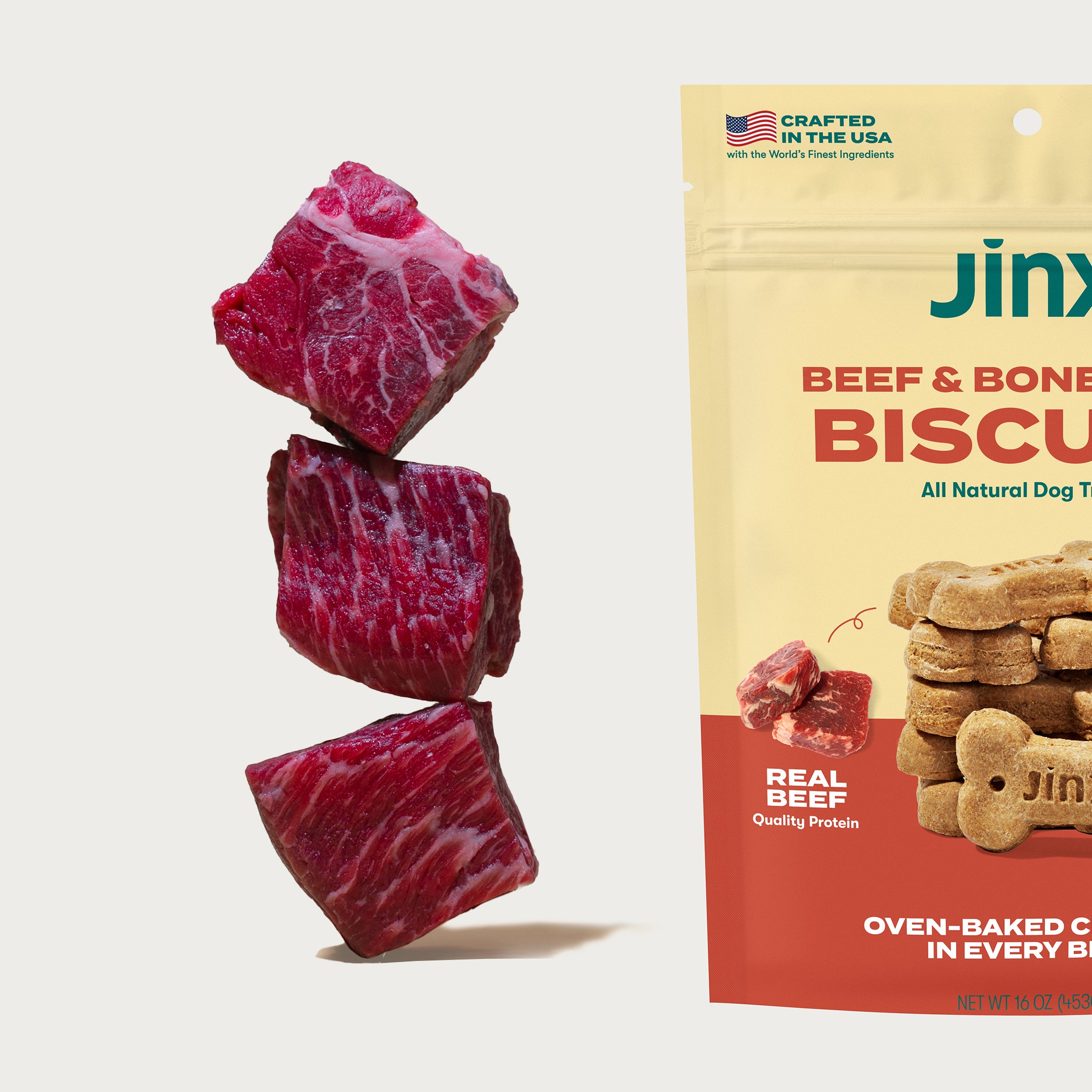 cubes of raw beef stacked on the left and image of jinx beef biscuit packaging to the right