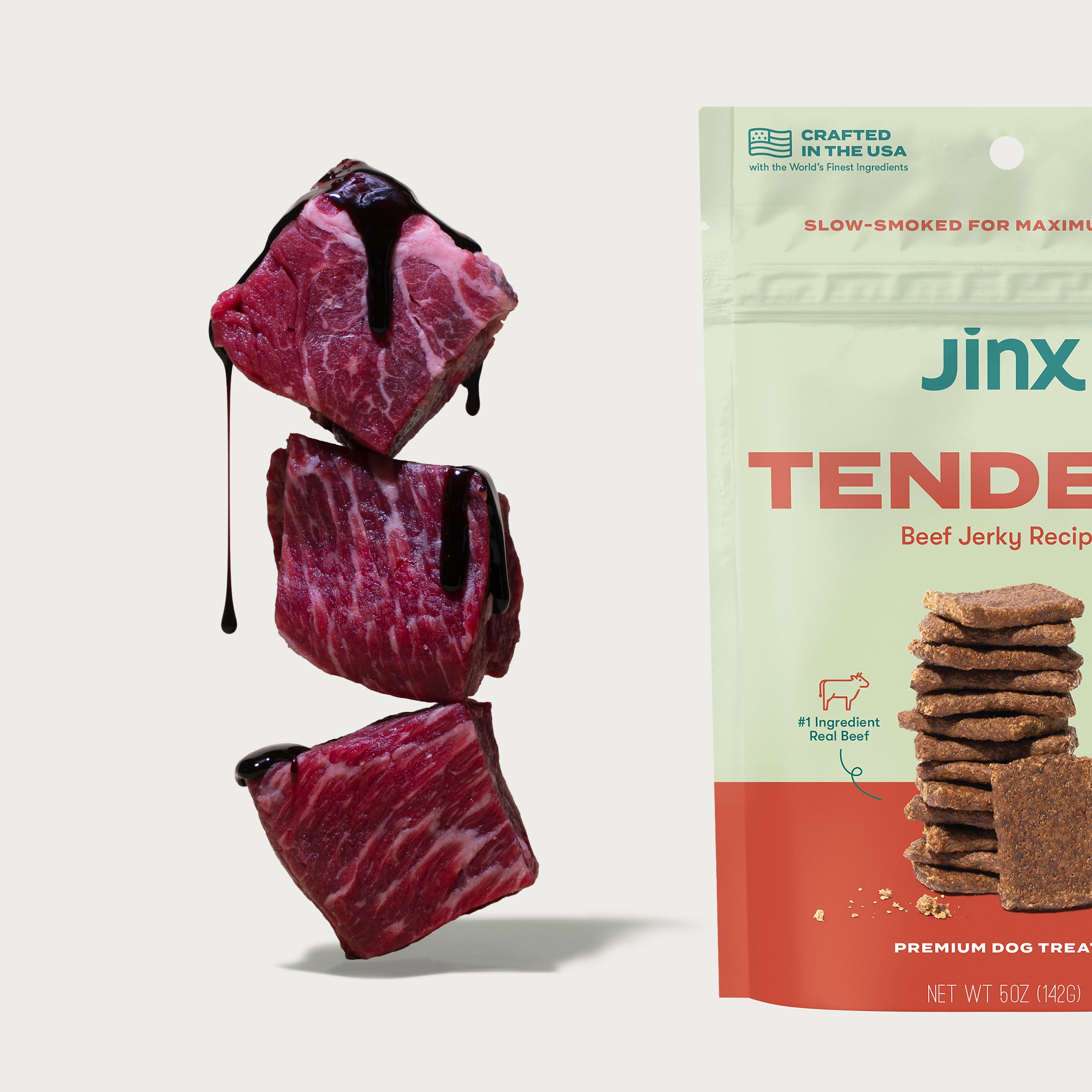 cubes of raw beef stacked on the left and image of jinx beef tenders packaging to the right