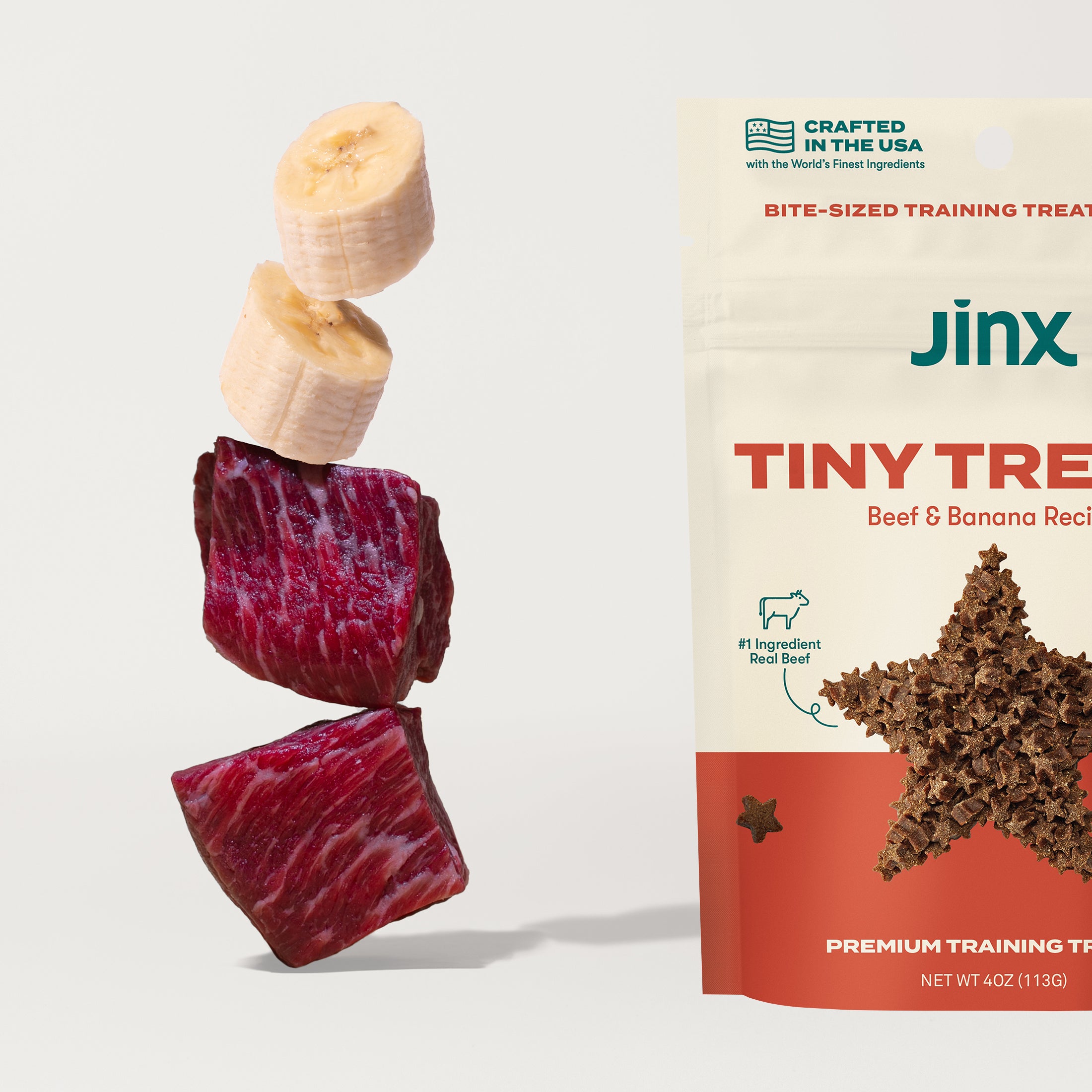 cubes of raw beef and chunks of banana stacked on the left and image of jinx beef tiny treats packaging to the right