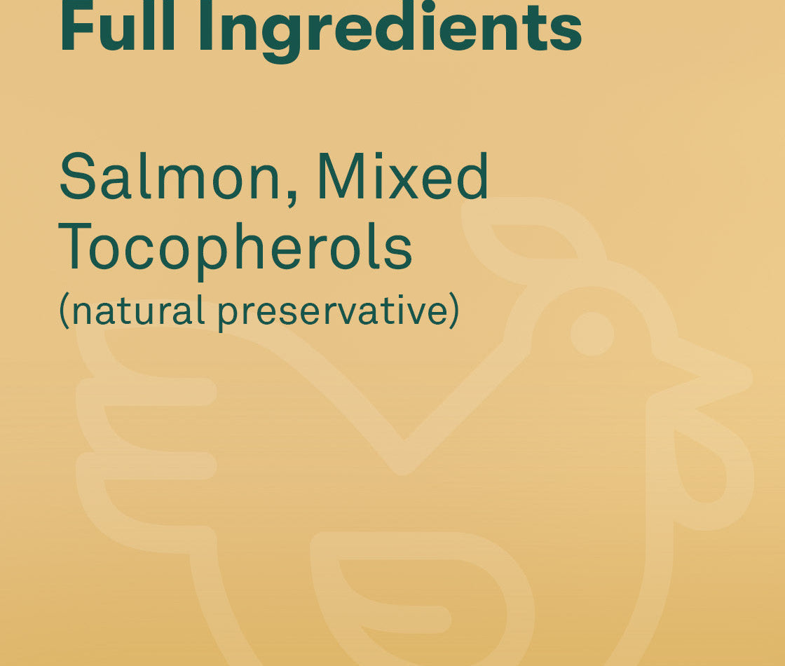 Toppers full ingredients include salmon, mixed tocopherols (natural preservatives) on a yellow background.
