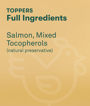 Toppers full ingredients include salmon, mixed tocopherols (natural preservatives) on a yellow background.