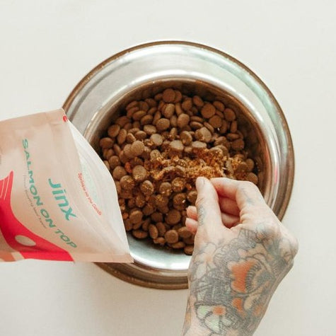 Hand holding a topper product packaging while the other is sprinkling the topper on kibble inside a dog bowl.