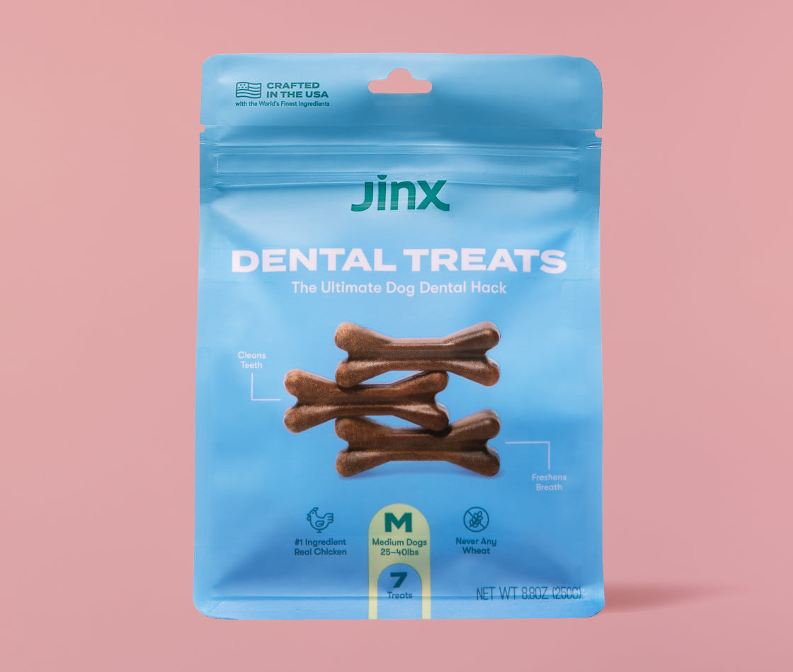 Dental dog treats Jinx product packaging on a pink background 