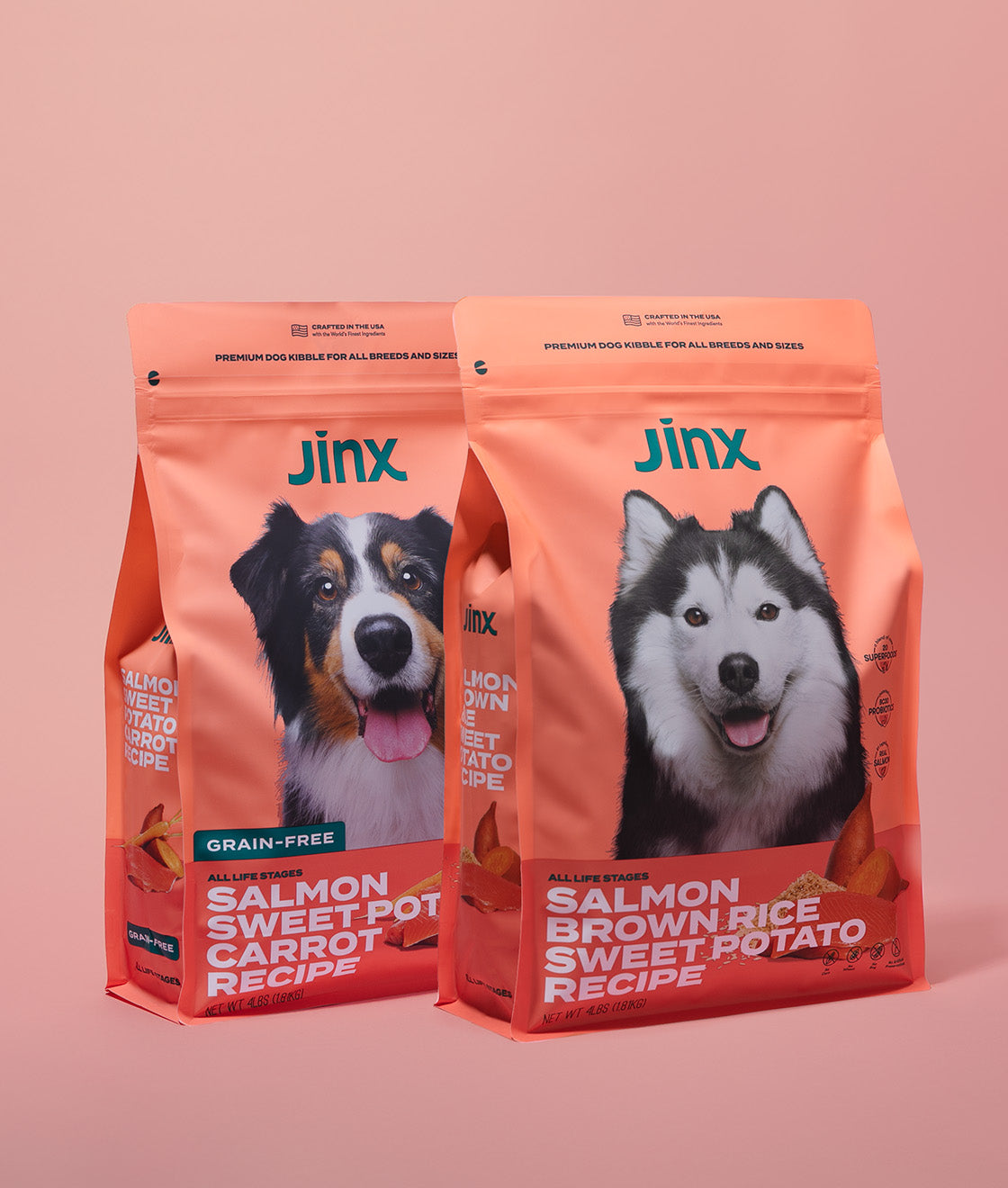 Salmon Jinx kibble sampler with salmon, sweet potato & carrot product packaging and salmon, brown rice & sweet potato product packaging. 