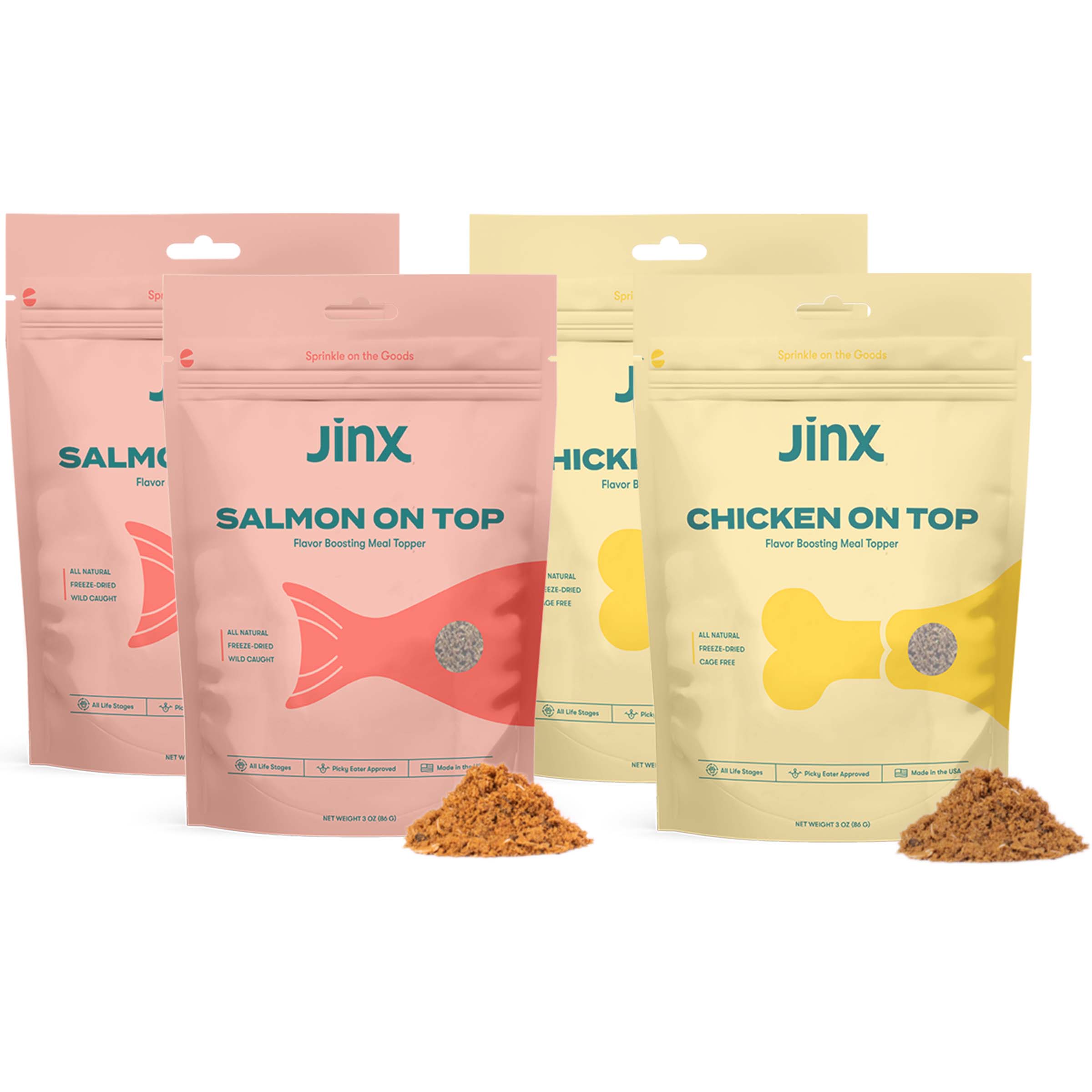 Jinx Topper Superpack with salmon on top product packaging and chicken on top product packaging